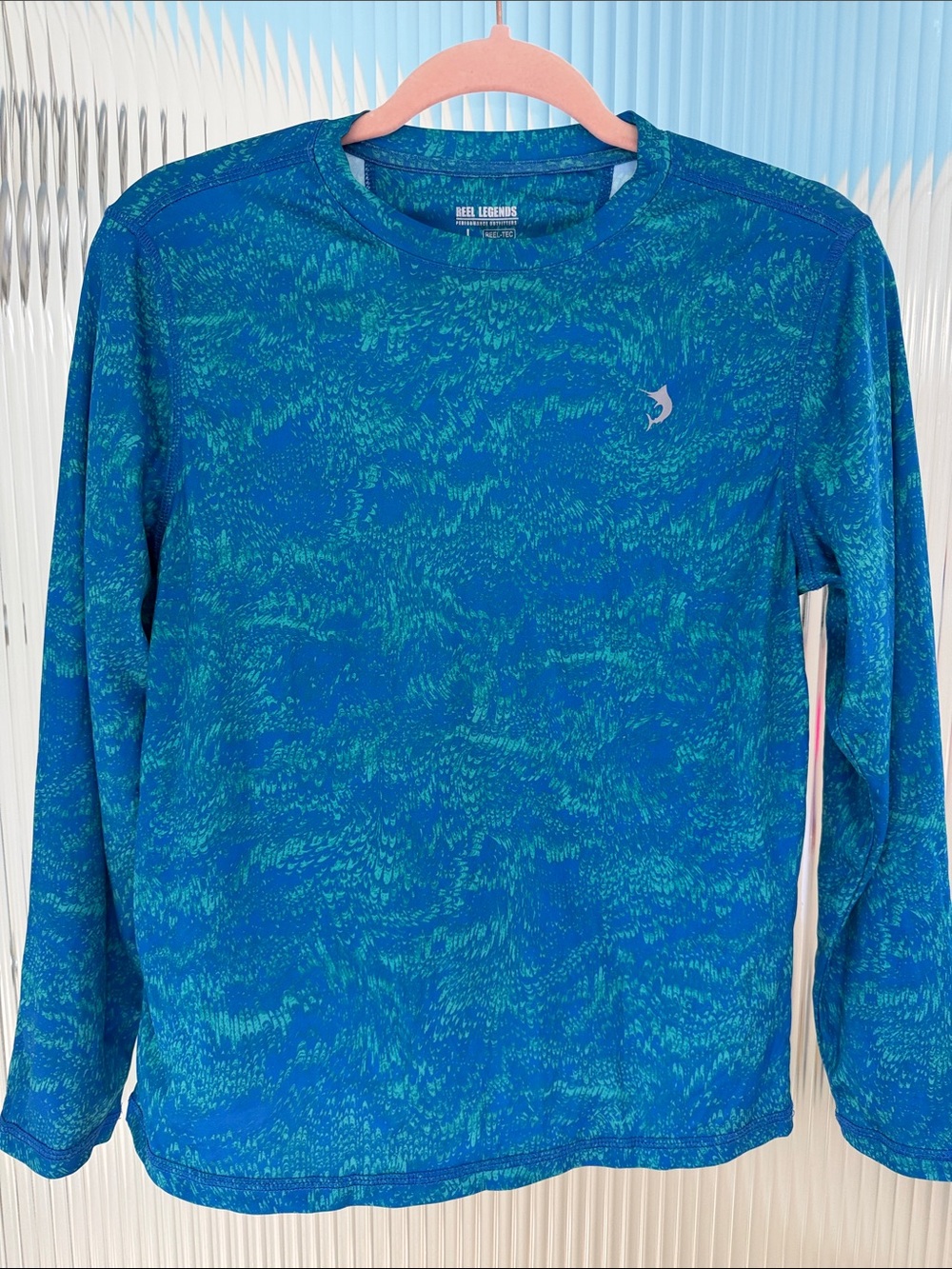 Reel Legends Long Sleeve Performance Tee in Blue with Aqua Fleck